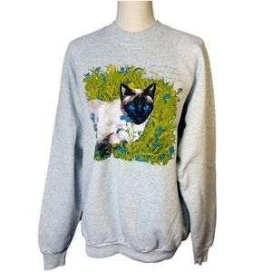 Vintage "Love Is Like A Cat" Siamese Cat Light Gray Crewneck Sweatshirt 1988